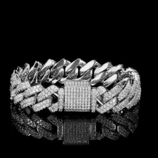 Men's 15MM White Gold Plated Iced CZ Out Solid Miami Cuban Link Bracelet Chain