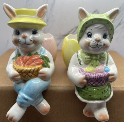 Lot of 2- 1994 Mr. & Mrs. Easter Bunny Ceramic Shelf Sitters with Egg Pot