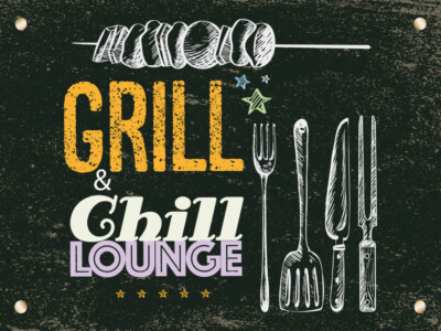 Blechschild 30x40 Grill & Chill Lounge grau  Wand Deko Cafe Sammler Geschenk