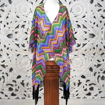 LuLaRoe L Kimono Drape Cardigan Fringe Hem Colorful Boho Festival Chevron USA