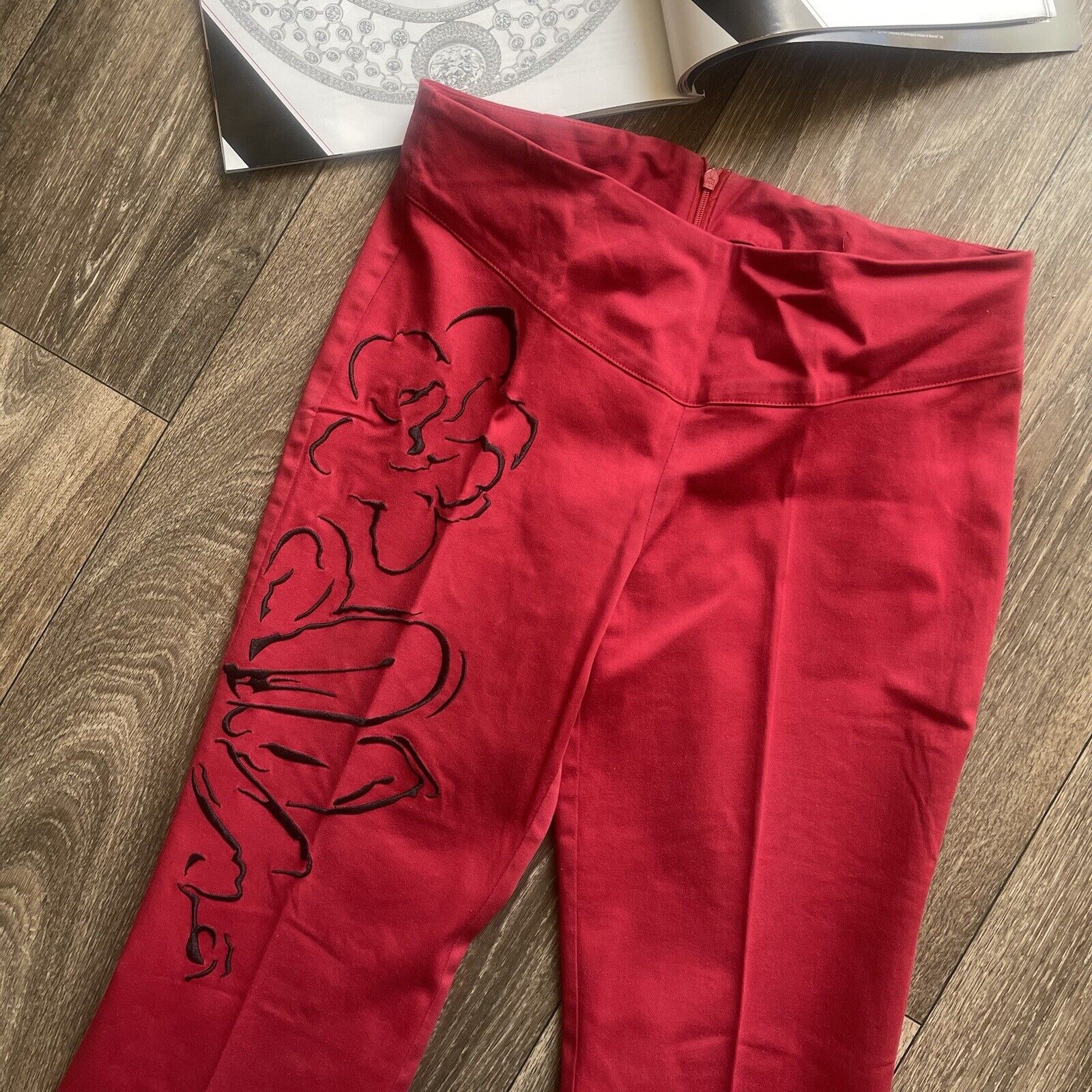 Red Embroidered Flared Trousers Pants Size 26 FIN… - image 3