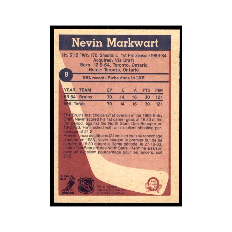 1984 O-Pee-Chee Nevin Markwart RC Boston Bruins #8 - Image 2 of 3