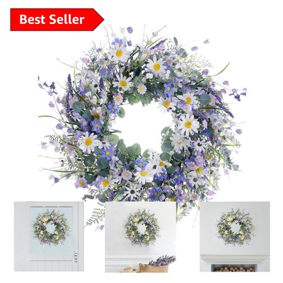 22'' Handmade Spring Wreath with Daisies & Lavender for Front Door Elegance