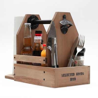Versatile Rustic Wooden Grill Caddy Organizer for Outdoor Grill BBQ - Brown