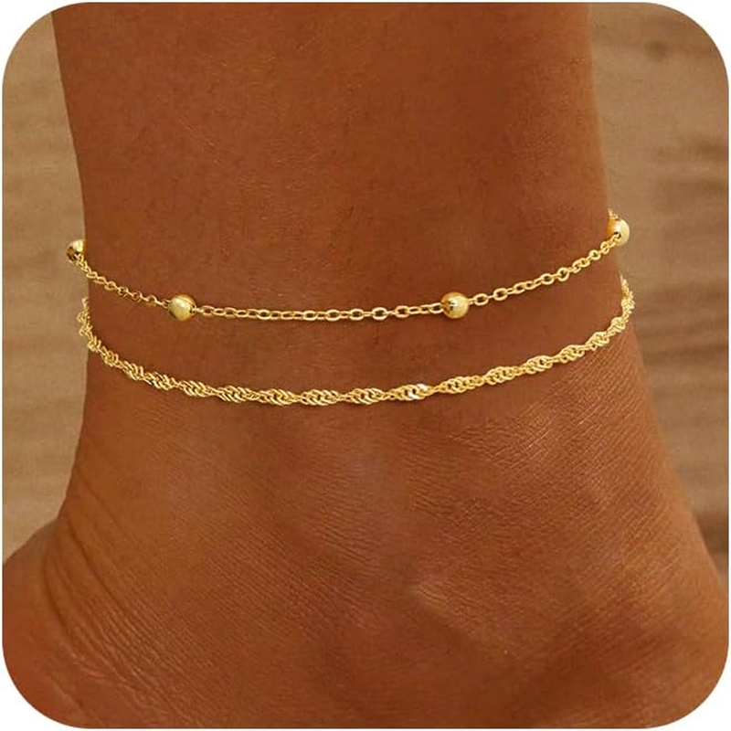 Gold Ankle Bracelets for Women,14K Gold/Silver Plated Waterproof Layered Lightwe