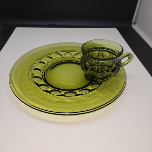Vintage Indiana Glass Olive Green Kings Crown Thumbprint Luncheon Plate w/Cup - Picture 2 of 8