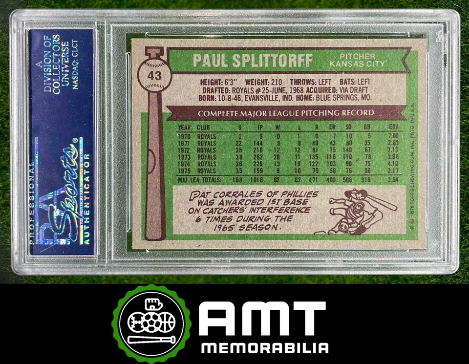 22397737 1976 Topps #43 Paul Splittorff Kansas City Royals PSA 9 - Image 2 of 3