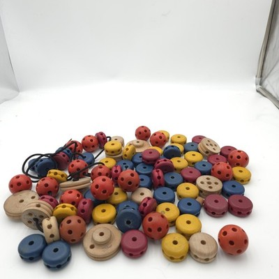 Vintage Wooden Lacing Beads Lot Montessori Threading Toy Color Sorting