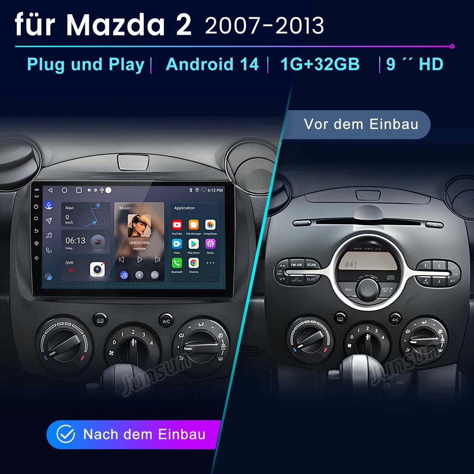 Autoradio Android 14 Carplay GPS Navi WIFI DAB+ SWC RDS BT Für Mazda 2 2007-2013 - Bild 2 von 4