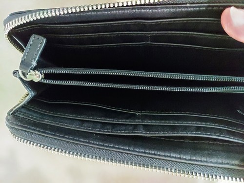 Cartera Coach Poppy con cremallera en L negra plateada monedero tarjetas de crédito interior cremallera logotipo - Imagen 7 de 11
