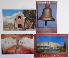 4 New Mexico Post Cards State Capitol Oldest Bell/Church-USA San Miguel Mission