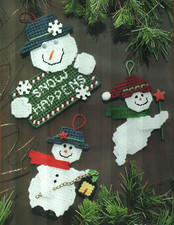 SNOWMAN TRIO 3 ORNAMENTS CHRISTMAS PLASTIC CANVAS PATTERN INSTRUCTIONS