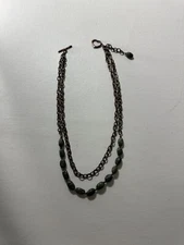 Double Chain necklace With Simi Precious Green  colored stones Heart Toggle