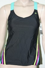 New Adidas Piped Crossback Solid Tankini Swimsuit Top Black Size 10