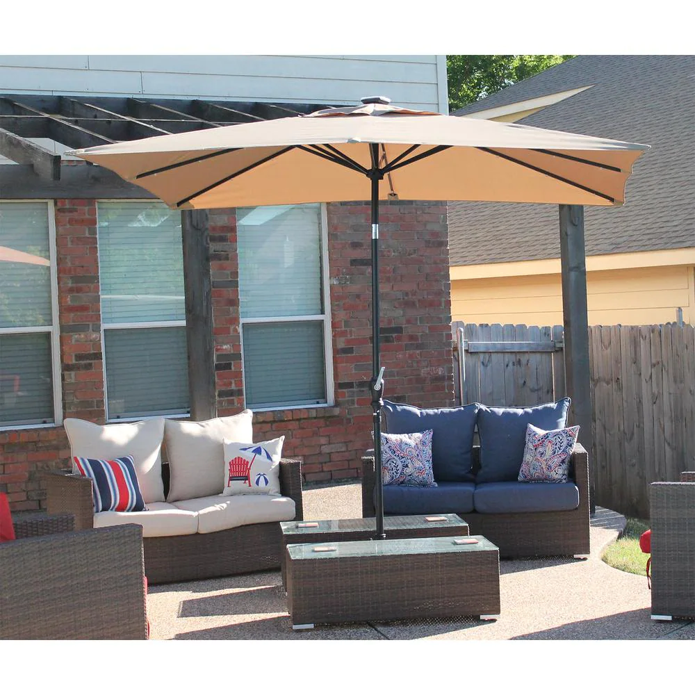 9 ft rectangular patio umbrella Market Patio Umbrella Solar Lighted Rectangular Taupe Canopy 9 ft. x 7 ft