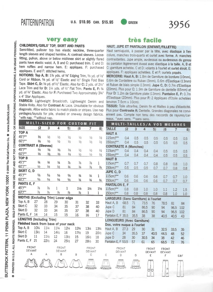 Uncut Butterick Sewing Pattern # 3956 Children's Top Skirt and Pants Size: 6-7-8 - Image 2 of 2