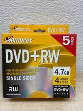Memorex 4.7GB DVD+RW 5Pack For PC & Home Video Rewritable Single Sided New