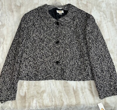 Vntg Talbots 20 Short Tweed Blazer Jacket Black White Button Front Collared New