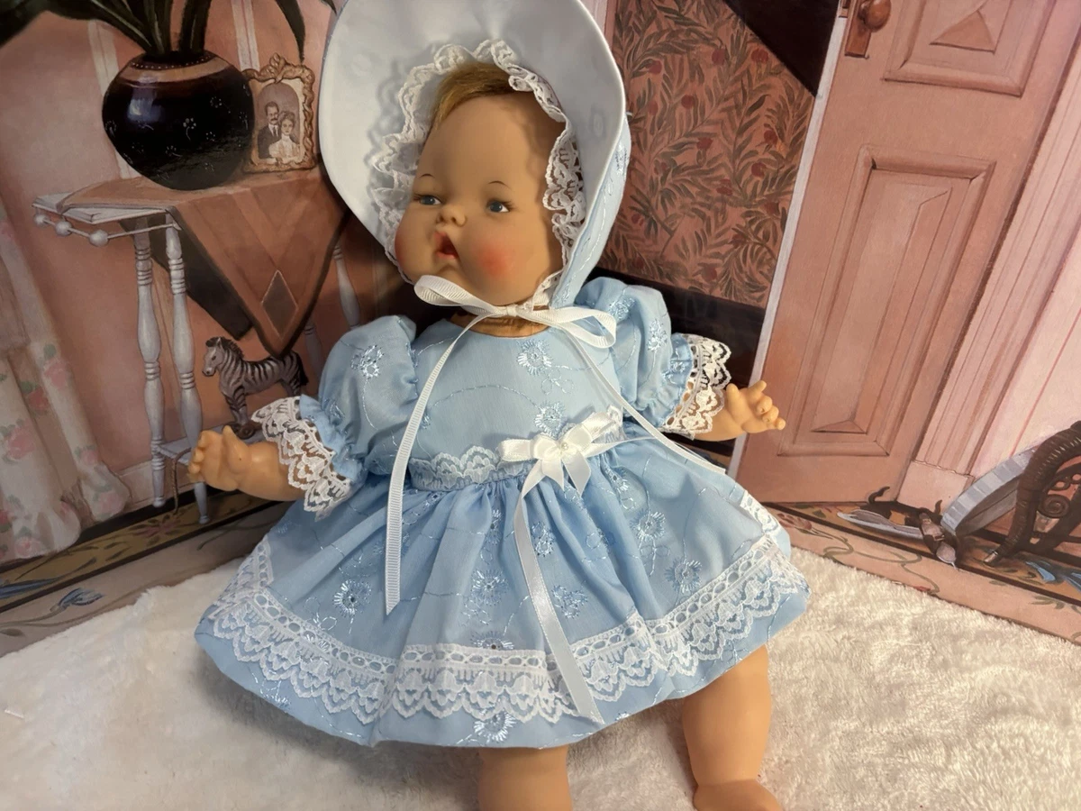 New Blue Eyelet Dress, Bloomers, Bonnet Fits 14” Thumbelina Doll