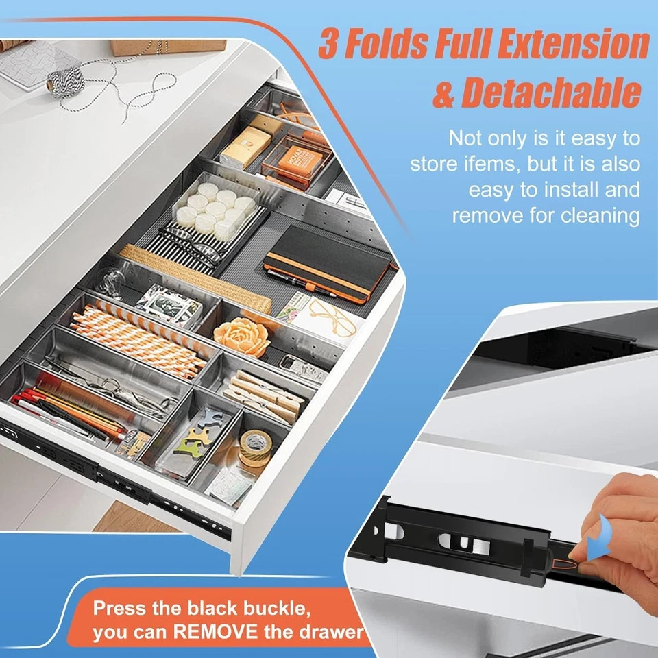 10 Inch Drawer Slides 6 Pairs (12Pcs) Full Extension Ball Bearing Drawer Rails S