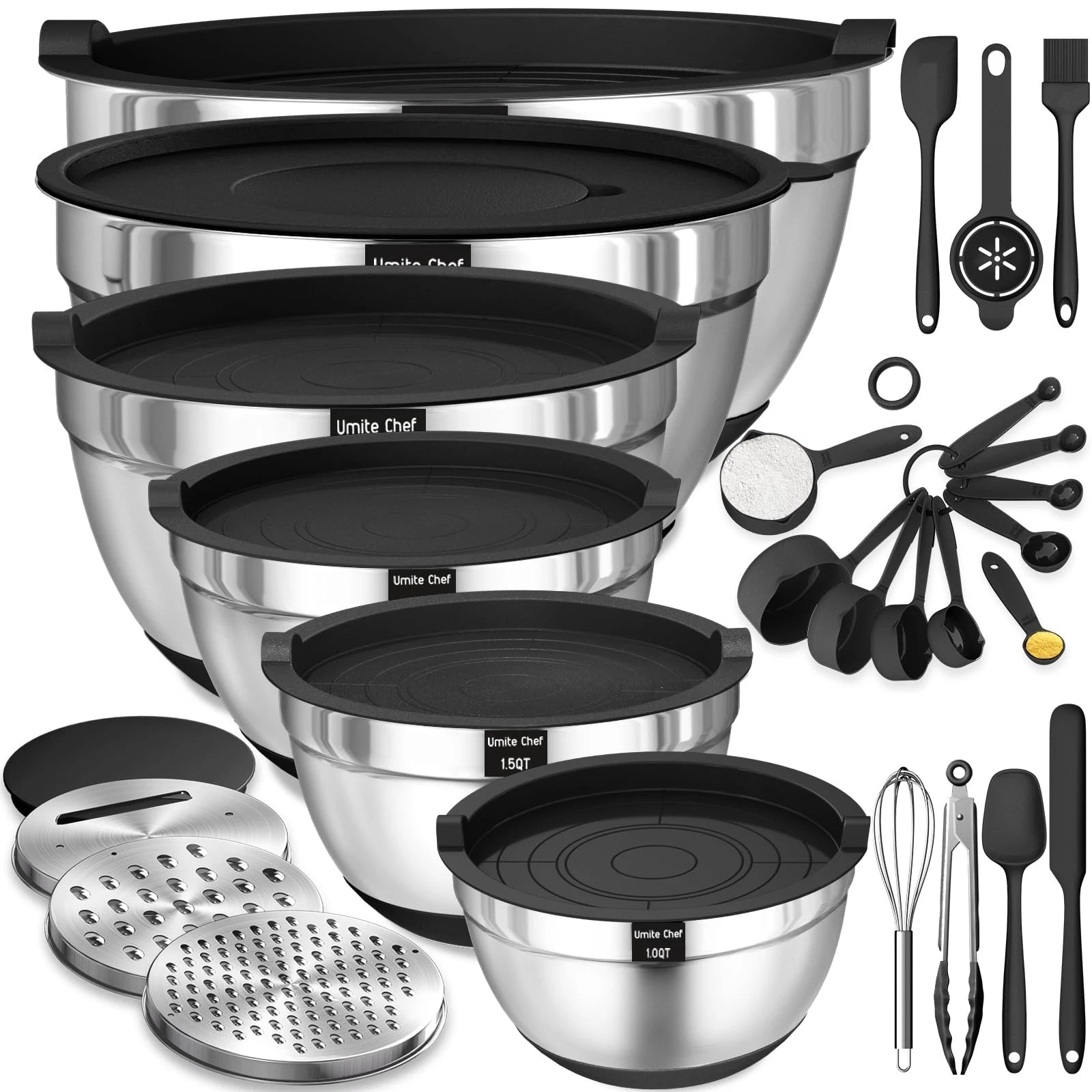 Umite Chef Mixing Bowls with 1QT, 1.5QT, 2QT, 2.5QT, 3.5QT, 7QT, Black