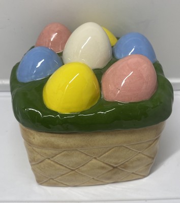 Vtg Ceramic Easter Decor Basket Colored Eggs Lidded Trinket Box Candy Dish