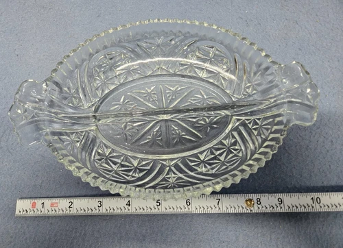 Vintage Anchor Hocking Cut Glass Divided Relish Pickle Dish Stars And Bars