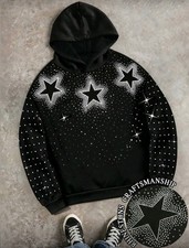 New Luxury Men Women Diamond Stars Rhinestones Fashion Black Hoodie High Quality