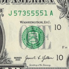 5 of a Kind 5s Quad Fancy Serial Number Series 1 Dollar Bill J57355551A
