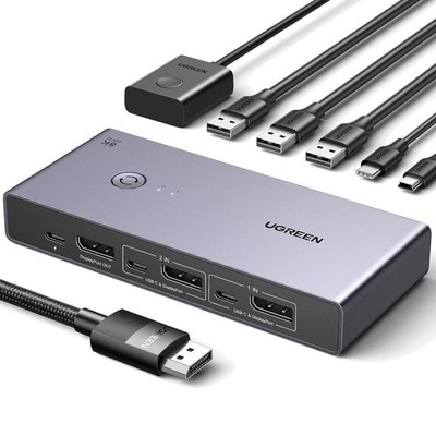 Displayport KVM Switch 8K@60Hz 4K@240Hz USB 3.0 4 Ports für 2 PC Grau