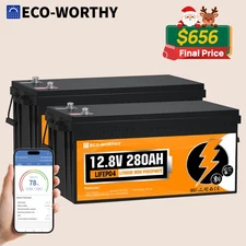 ECO-WORTHY 12V 280Ah 2Pack 7kWh LiFePO4 Lithium Battery Bluetooth For Home Rv