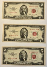 1953 $2 Two Dollar Bills Red Seal US Notes • Lot of 3 Vintage US Currency