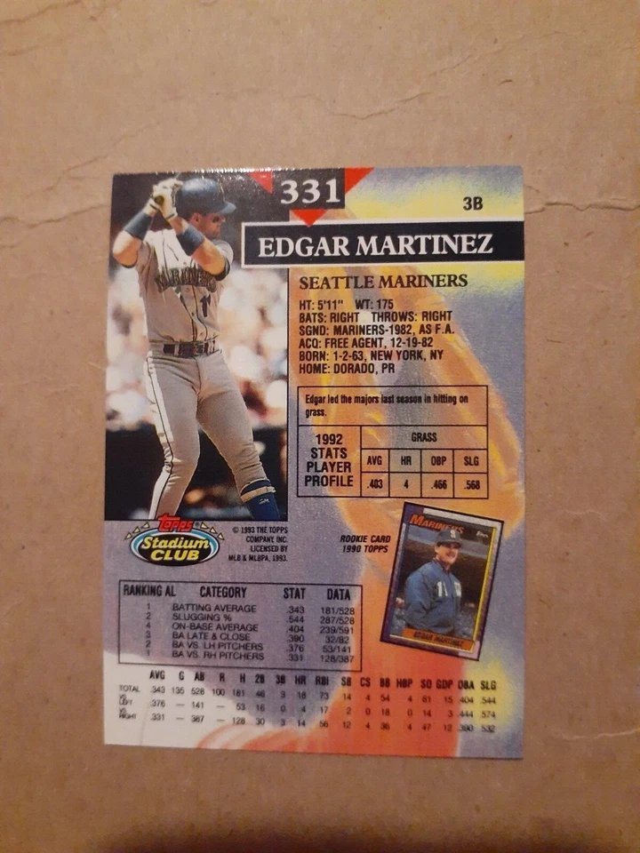 Edgar Martinez 1993 Topps Stadium Club - #331  - Image 2 of 2
