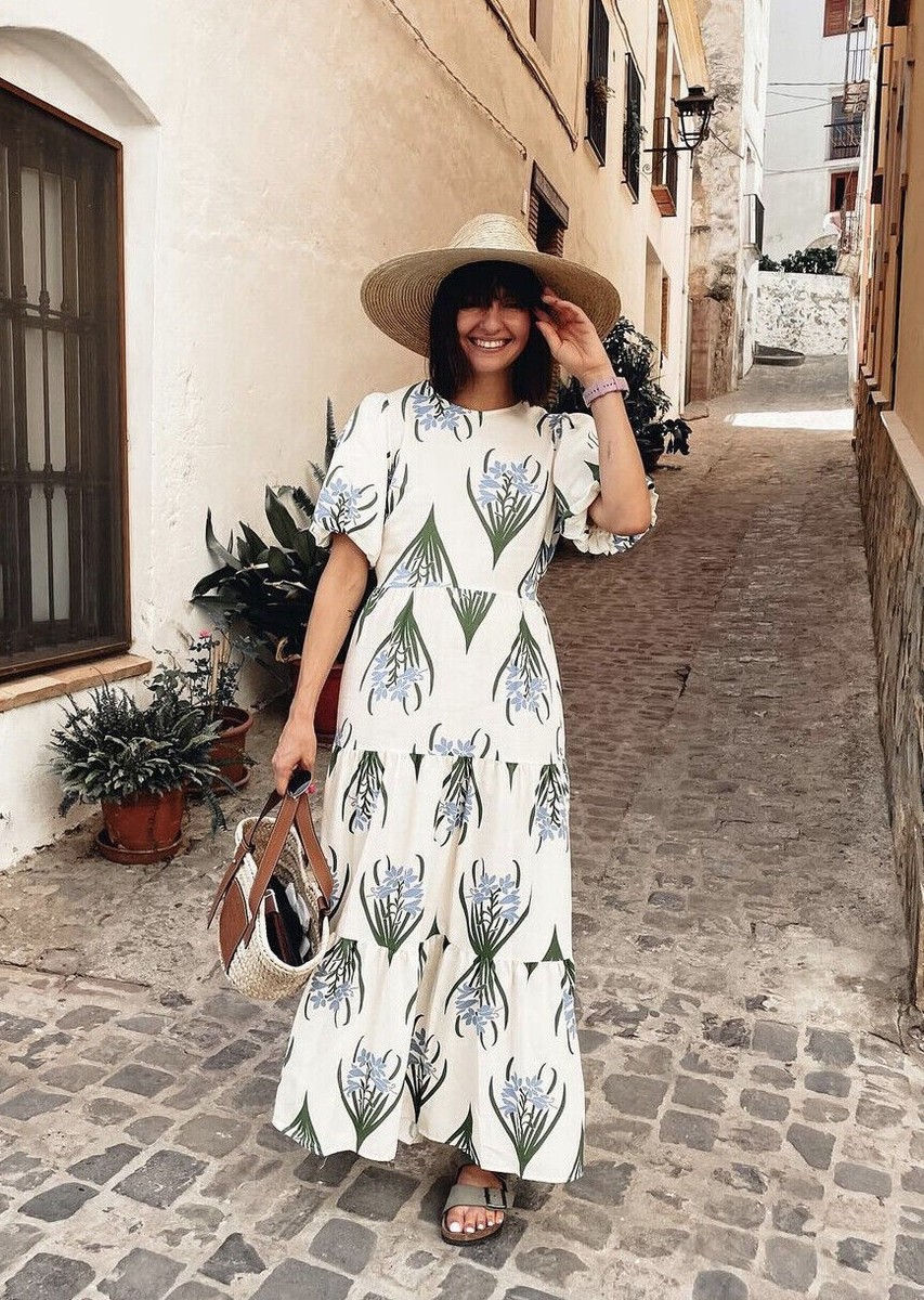 ZARA NEW WOMAN PUFF SLEEVES PRINTED LINEN BLEND MIDI DRESS