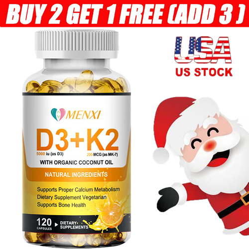Christmas - Vitamin D3 K2 （2 in 1）120 Capsules - Extra Supplements with 5000 IU - Picture 1 of 12