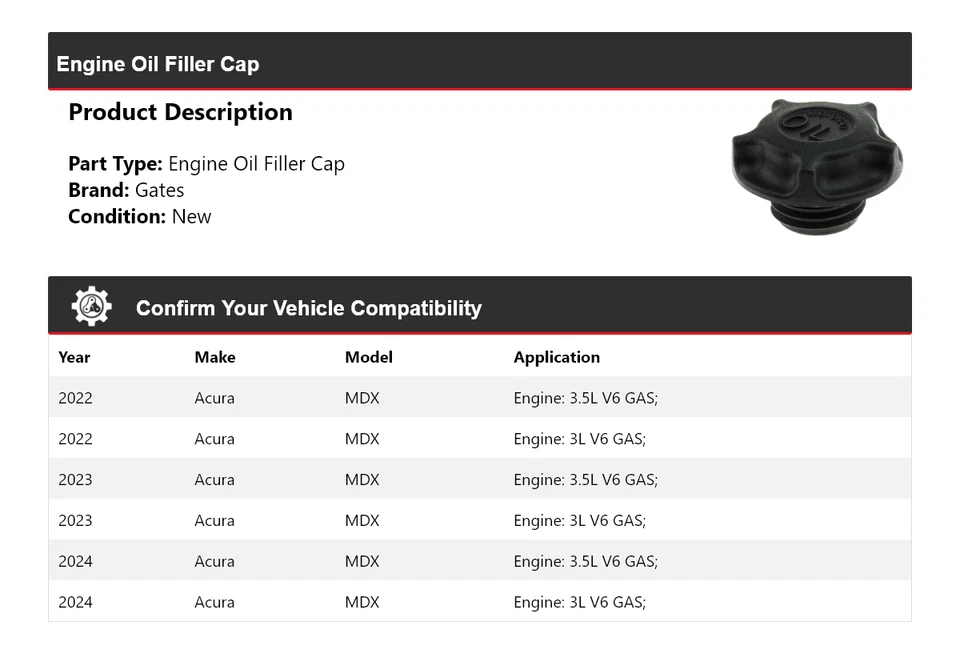 For 2022-2024 Acura MDX Engine Oil Filler Cap Gates 2023 - Image 2 of 4