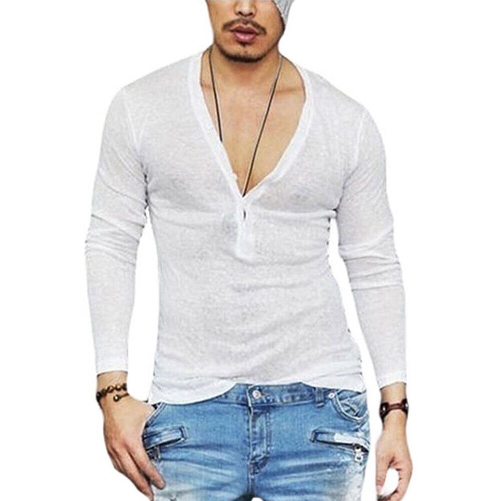 Fashionable Men's Slim Fit V Neck Long Sleeve T shirt Button Tops Tee ...