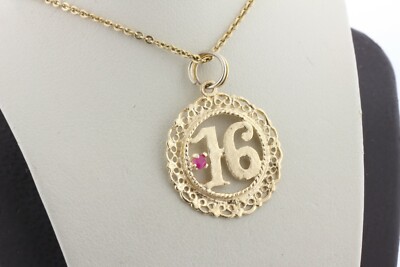 14K Gelbgold süßer 16 filigraner Rand Design rosa Rubin Charm Anhänger 