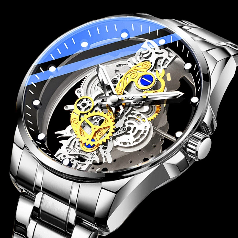 Skeleton watch stainless steel sale