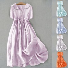 Abito donna estivo cotone e lino tinta unita bottoni scollo a V casual