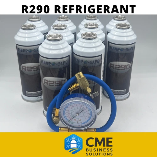 Envirosafe R290, R-290 Refrigerant, 8 cans with Brass Charging Gauge