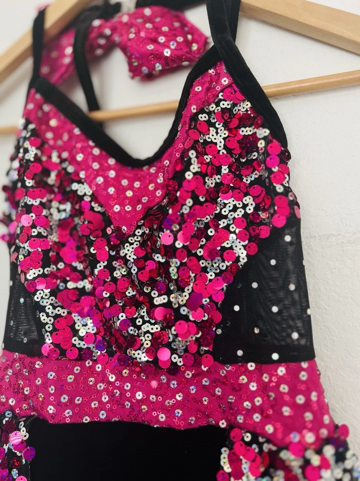 Vestido Disfraz de Baile Rosa/Negro Lentejuelas Niñas Talla 8-10 Arco Leotardo Figura Patín Foto 4 de 4