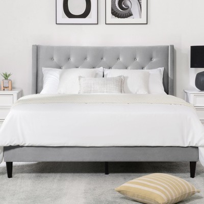 KISLOT Queen Bed Frame, Velvet Upholstered Platform Bed Mattress Foundation, ...