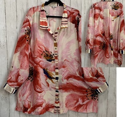 John Mark Shirt Boho Top Women 3X Button Up Floral Print Roll Up Sleeve New