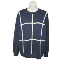 Vintage 90s Dockers Navy Blue Windowpane Cotton Knit Sweater Mens Medium Preppy