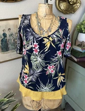 Naif Blue Yellow Colorful Cold Shoulder Tropical Floral Palm Ruffle Blouse Sz M