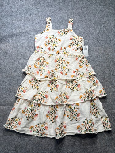 Old Navy Dress Girls Small Beige Floral Tank Pleated Tiered Ruffle Midi NWT