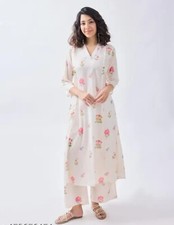 Indian Traditional Set; White Floral Printed Cotton A-line Kurta with Palazzo