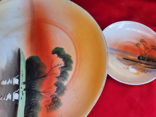 Juego de Platos para Servir Cisne Japonés de Colección con Manijas Paisaje del Lago al Atardecer - Imagen 10 de 13