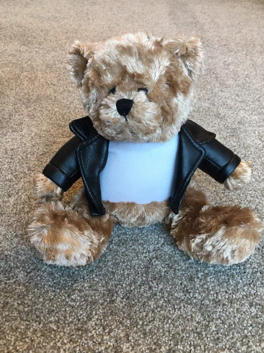 Galerie Bear Stuffed Snickers Black Leather Jacket Plush Animal 8”